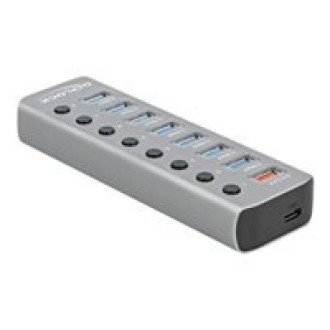 DELOCK USB 3.2 Gen 1 Hub mit 7 Ports + 1 Schnellladeport + 1 USB-C PD 3.0 Port mit Schalter und Beleuchtung