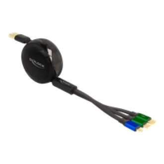 DELOCK USB Aufrollladekabel 3 in 1 Typ-A zu Micro USB / 2 x USB Type-C mit Schnellladefunktion schwarz