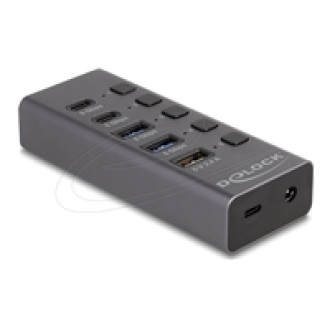 DELOCK USB 5 Gbps Hub mit 2 x USB Typ-A und 2 x USB Type-C Buchse und 1 x Schnellladeport + Schalter