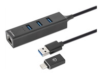 MANHATTAN 3-Port USB 3.0 Typ-C / Typ-A Kombo-Hub mit Gigabit-Netzwerkadapter 5Gbit/s SuperSpeed USB Stromversorgung über USB schwarz